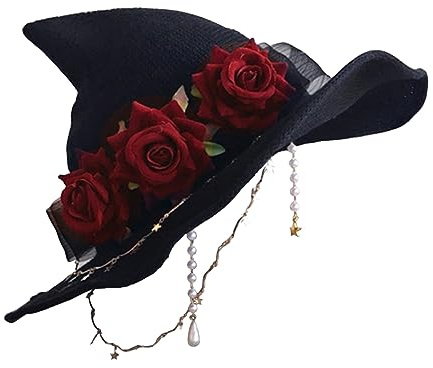Anjinguang Halloween Damen Hexenhut Hexe Spitzhut mit Rose/Bogenknoten Zauberer Cosplay Hüte Mützen Karneval Fancy Dress Party Kostüm Cosplay Maskerade Zubehör
