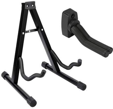 Albert Austin Guitar Stand Stable A Frame Design Foldable with Padded Foam Arms Anti Slip Feet Easy to Install Bass and Acoustic Guitar Stand with Wall Mounted Hook Universal Fits All Guitars