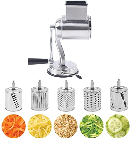 Trommelreibe, Manuelle Reibe, Edelstahl Manuelle Gemüseschneider Gemüsehobel Trommelreibe Gemüse Salat mit 5 Runden Edelstahlklingen und Saugfuß Geeignet für Gemüse, Obst, Karotten, Nüsse usw