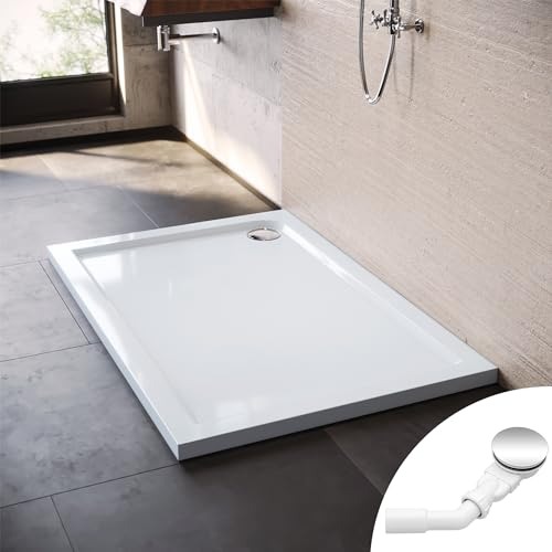 SONNI Receveur de douche de forme carrée - Antidérapant - 120 x 80 x 4 cm - En panneau acrylique ABS - Avec design plat - Avec bonde
