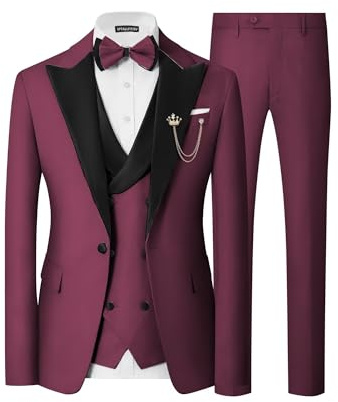 SPTALLFITJSV Mens 3 Piece Tuxedo Suit Slim Fit Wedding Prom Dinner Tuxedo for Men Double Breasted Suits Set with Bow Tie, Wine Red, XL