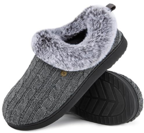 HomeTop Women's Cable Knit Slippers Non-slip House Shoes with Fuzzy Collar | Breathable, Polar Fleece Lining, Memory Foam, Durable, Indoor & Outdoor, Machine Washable, Gifts, Fall, Warm