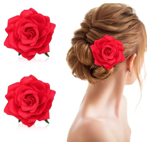 FUIPVGI 2 Pezzi Fiori per Capelli, Spilla Fiore Stoffa per Vestiti Grande, Fermagli per Capelli Fiori Clip a Fiore Spilla Fiori Capelli, Mollette Capelli per Festa Halloween Natale per Donna (Rosso)