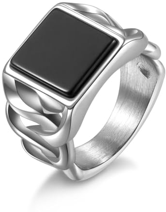 Herren Onyx Ring aus Edelstahl, geflochtener Vintage-Siegelring mit kubanischen Gliedern, Größe 57