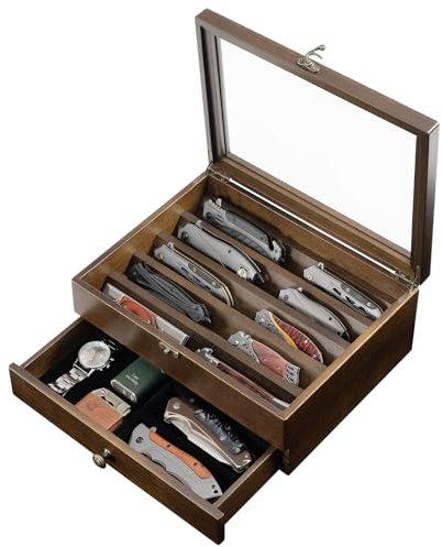 amoard Knife Display Case, Knife Collection Display Holder with Glass Lid, 2-Layer Wooden Pocket Knife Case with Drawers (Walnut)