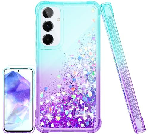 Kompatibel mit Samsung Galaxy A55 5G Hülle,(Unzerstörbar Stoßfestigkeit) Handyhülle Transparent Flüssigkeit Glitzer Silikon TPU Mädchenhaft Frau Handyhülle, Hülle für Samsung A55 5G,Blaugrün/Lila