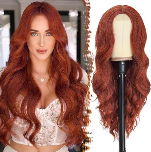 BARSDAR Lange Kupfer Auburn Perücke für Frauen 66cm Lange Wellig Mittelscheitel Perücke Natürliche Synthetische Hitzebeständig Haar Replacement Perücke Tägliche Party - Kupfer Auburn