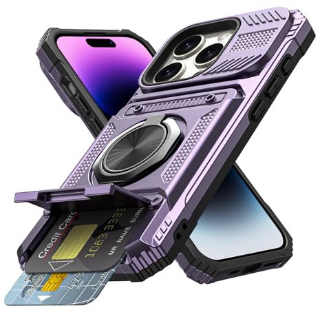 Coolden for iPhone 14 Pro Case with Card Holder [Max 2 Cards] Ring Holder Kickstand Armor Shockproof Military Grade Heavy Duty Protective Case Wallet Case Cover for iPhone 14 Pro Phone Case-Purple