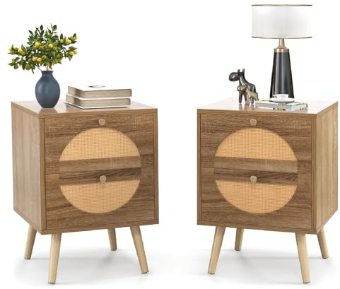 COSTWAY Rattan Bedside Tables Set of 2, Wooden Nightstand Sofa Side Table with 2 Storage Drawers, Solid Wood Legs Bedside Cabinet Accent End Table for Small Space, Bedroom and Living Room, 40x40x56cm