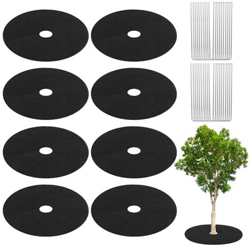 M METERXITY 8-Pack Non-Woven Tree Mulch Ring, 10.6 Inch Reusable Tree Protector Mat W 20 Garden Stakes for Landscape Control Plant Root Protection Tree Ring Weed Fabric Cover [Black]