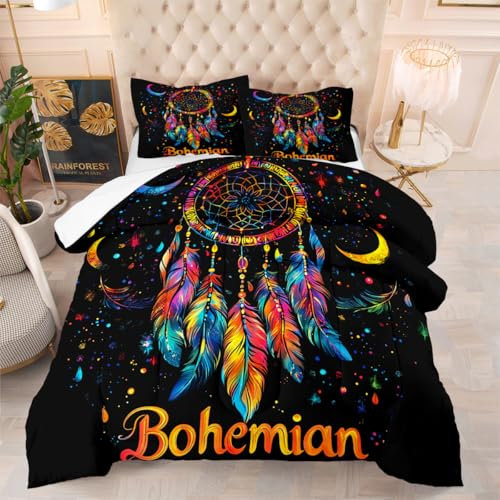 YUTNSAN Traumfänger Bettwäsche 135x200cm Bohemian Bunt Feder Muster 2 Teilig Mädchenbettwäsche Set Kinder Boho Mikrofaser Bettbezug mit Kissenbezug 80x80cm