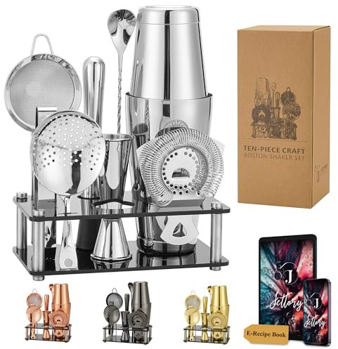 Jettory Boston Shaker Set da 10 Pezzi in Acciaio Inox Con Base Acrilica - Colino, Pinza per Ghiaccio, Cucchiaio, Misurino, Pestello - Perfetto per il Bar di Casa (Argento)