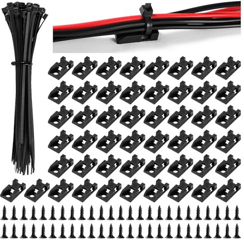 VooGenzek 50 Sets 24.2 * 13.3 mm Saddle Type Cable Tie Mount Bases, Saddle Type Mount Wire Holder, with M3.5 Screws and Cable Ties, for Wire and Cable Tidy, Black
