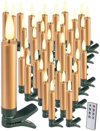 Lunartec Christbaumkerzen: 40er-Set LED-Weihnachtsbaumkerzen mit Dochten und Flammen-Effekt, Gold (Weihnachtsbaumbeleuchtung, Weihnachtsbeleuchtung, Weihnachtsbaum)