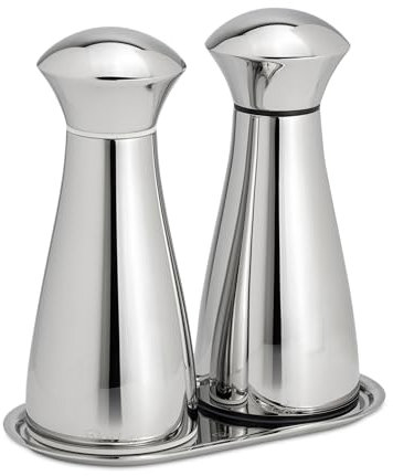 Robert Welch Signature Bright Medium Salt & Pepper Mill Set with Tray. Made from Stainless Steel. 25-Year Guarantee.
