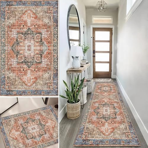 Lanmuvo Teppich Läufer 80x400cm rutschfest Küchen Teppich, Waschbar Polyester Boho Flur Küchenläufer für Korridor, Modern Vintage Kücheläufer Teppichläufer für Wohnzimmer, Küche, Anpassbar