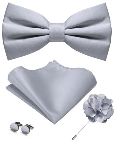 JEMYGINS Herren Matte Einfarbige Fliege mit Taschentuch Manschettenknöpfen und Ansteckblume Set Silber