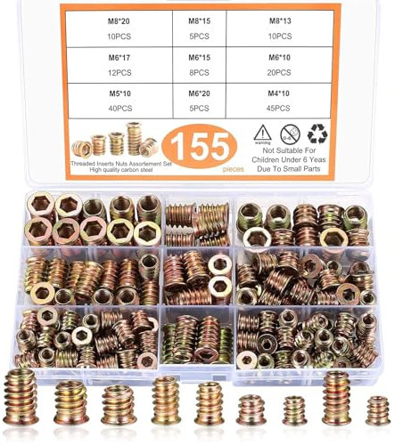 Einschraubmutter, 155 Stück Gewindeeinsatz Holz M4 M5 M6 M8 Einschraubmuffen Eindrehmuffe Sortiment Set für Holz Möbel