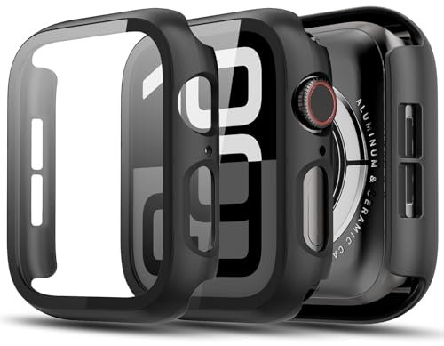 TGKML 2-Stück Kompatibel mit Apple Watch SE 3/SE 2/SE/6/5/4 Schutzhülle mit Displayschutzfolie 44mm, Hard Gehäuse Eingebaut Kratzfest Gehärtetes Glas Schutzfolie für iWatch 44 mm, Schwarz*2