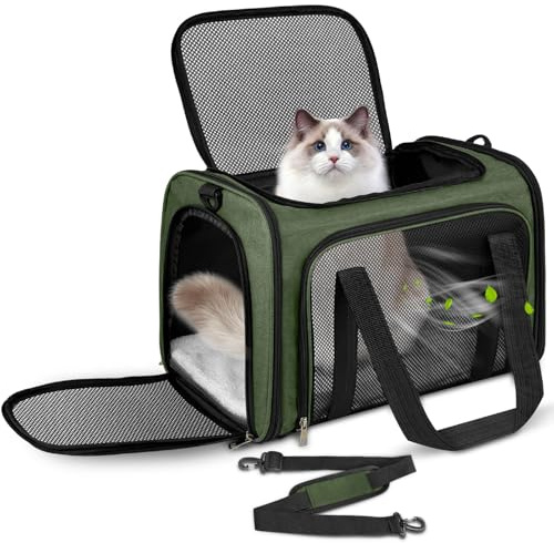TOFFCAEA Transporttasche für Katze Hund, Hundetransportbox, Faltbare Katzentransportbox, Tragbar, 5kg Katzen Hunde Tragebox, für Kleine Hunde, Katzen (Grün, L 43 x B 28 x H 28 cm)