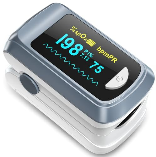 HealthTree Pulsossimetro da dito, monitor di saturazione dell'ossigeno nel sangue, frequenza cardiaca e lettura veloce dell'ossigeno Spo2 con schermo OLED, cordino e 2 batterie AAA