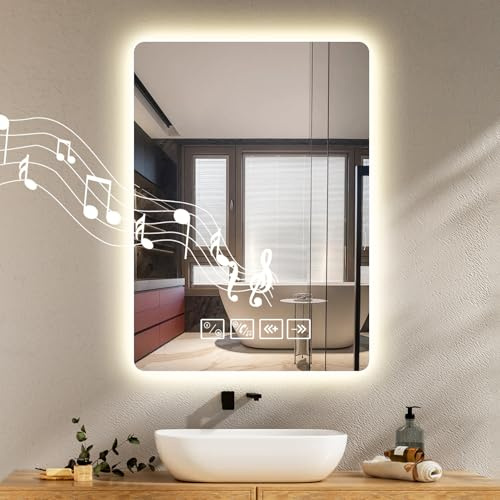 Hondony 50×70cm Bluetooth Square Bathroom Mirror with Led Lights and Touch Switch, Wall Mounted Vanity, Anti-fog, 3 Colors Dimmable Light, Demister Mirror with Backlit Lights for Bathroom