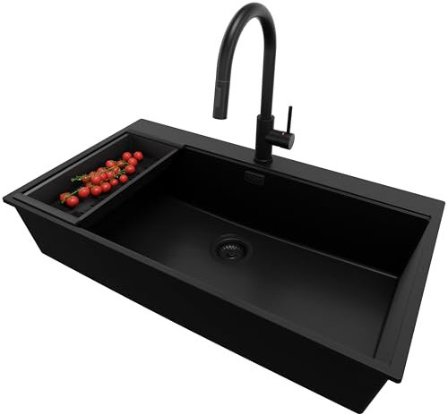 PRIMAGRAN Lavandino da Cucina Tutto Nero 88x50cm, Lavello da Cucina a 1 vasca + Sifone Classico + Rubinetto 40x22cm, Lavabo da Cucina Incasso al mobile 90cm - Oslo