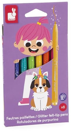 Janod - 8 Feutres Pailletés - Forte Densité de Paillettes et Encre Lavable - Couleurs Assorties - Coloriage Enfant - Loisirs Créatifs, Scrapbooking, Activités Manuelles - Dès 3 Ans - J07412