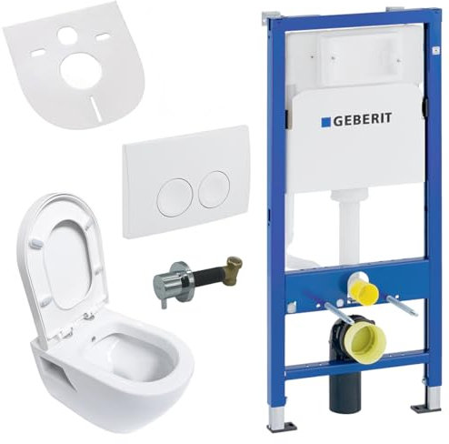 Belvit Shower Toilet Hanging with Bidet - Complete Set White with Geberit UP100, Shut-off Valve, Rimless Ceramic, Soft Close Seat & Actuator Plate - Wall-Hanging Toilet for Bathroom & Guest Toilet