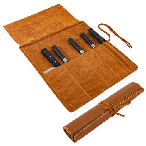 Bolsa de Cuchillos Cuero Genuino Full-Grano para Cocina, Estuche Profesional Chef, 5 Compartimentos,17 x 14 Rollo Marrón Claro Almacenamiento Seguro Cuchillo Adecuada Chefs y Aficionados(Sólo Bolsa)