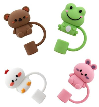Sosoport 4pcs Reusable Silicone Straw Stopper Straw Tips Covers Cartoon Cute Toppers for Drinking