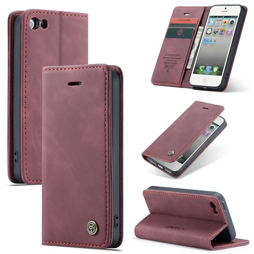 Ottcooed Handyhülle für iPhone SE (1.Gen 2016) / iPhone 5 / iPhone 5S Hülle, Premium Leder Flip Case, Magnet Klappbar Klapphülle Tasche, Standfunktion Kartenfach Wallet Schutzhülle, Weinrot