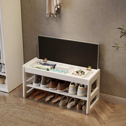 AQIMUELE Schuhregal Bank mit Kissen, 2 Ebenen, Schuhbank mit Klappdeckel, Schuhregal aus Holz für Eingang, Flur 80CM (Weiß)
