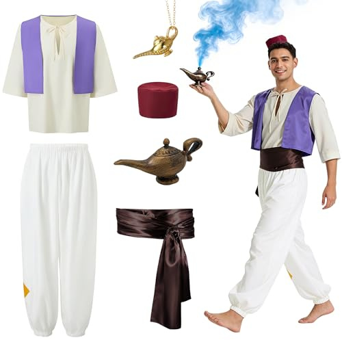 Dtiaagto 7-teiliges Aladdin Kostüm Mann, Faschingskostüme Männer, Aladdin Outfits Herren, Prinz Ali Aladdin Karneval Kostüm Herren für Mottoparty Karneval Fasching