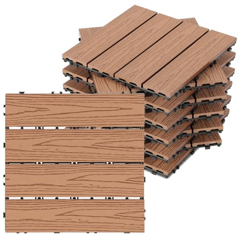 Peviasot WPC Fliesen, 30x30cm Terrassenfliesen Holzoptik Terrassendielen 44er Set für 4m², Balkonfliesen mit Drainage, Wasserfest und Rutschfest, Braun