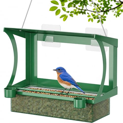 FANHAO 2-in-1 Vogelfutterhaus Fenster, Metall, Wetterfest Ohne Bohren | Metallgitter-Schale, Schrägdach, 2 Wasserbecher und Klebehaken für Fenster, Garten, Balkon und Terrasse