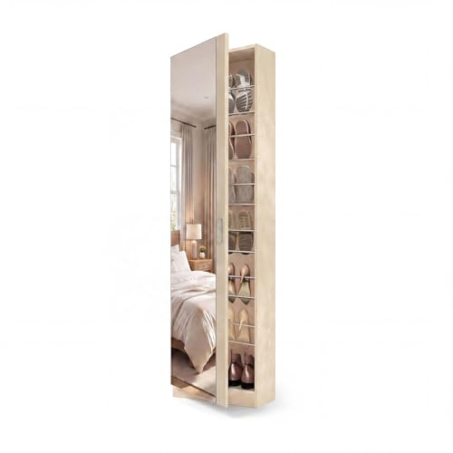 duehome Zapatero Vertical Roma, con Espejo, 16 Pares, Puerta Reversible | Armario para Calzado, Microcemento Beige, Cierre Soft, 12 Varillas de Aluminio, Espejo de Cuerpo Entero, 50 x 20 x 180 cm