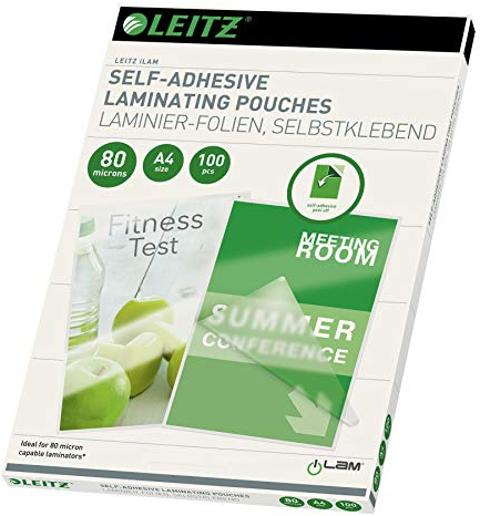 Leitz Selbstklebende Heißlaminierfolien A4 80 mic, für Schilder und Wegweiser, Hochwertige Laminierfolien im 100er Pack, Glänzend, Transparent, 33872
