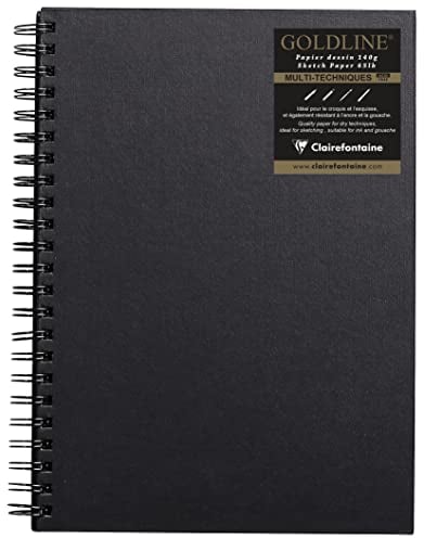 Clairefontaine 34254C - Spiralbuch / Kladde Goldline mit 32 Blatt, Zeichenpapier 140g, Weiß, DIN A4 21x29,7 cm, Hochformat, Hardcover mit Leinenoptik, Schwarz, 1 Stück Papier Weiß