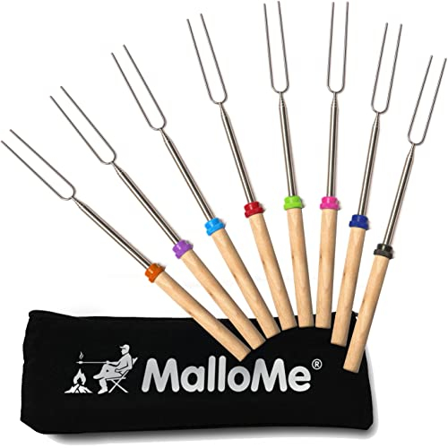MalloMe Marshmallow Toasting Forks Smores Kit - 32 Extendable Marshmallow Sticks for Fire Pit - S'mores Maker - Long Skewers for Marshmallows Toaster - Open Fire BBQ Fork Camping Accessories (8 Pack)