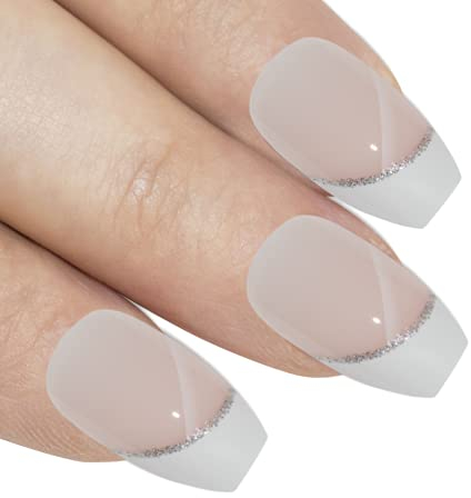 Bling Art Falsche Nägel Weiß Glitzer Ballerina Sarg 24 Kunstnägel Lange Tipps mit Kleber