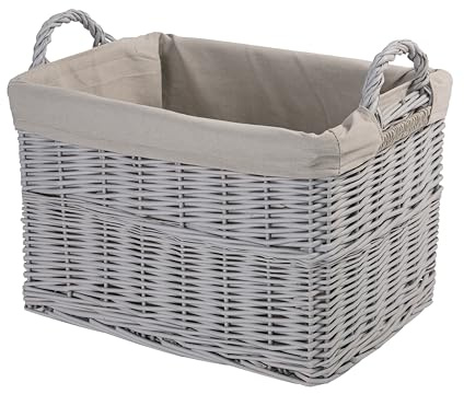 greenleaves Small Grey Rectangular Wicker Laundry Basket with Cotton Liner