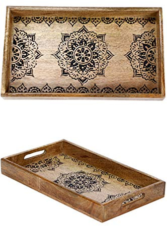 Marrakesch Boho Deko Tablett Serviertablett eckig aus Holz 38 x 23 cm | Servierplatte Arash als Dekorative Tischdeko für Küche und Wohnzimmer | Vintage Frühstückstablett mit Griffe aus Massivholz