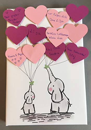 Elefant Leinwand Herzen ideales Geschenk, Gästebuch, Erinnerung, Deko, Idee, Andenken zur Geburt, Taufe, Babyparty, Baby Shower in Rosa für Mädchen