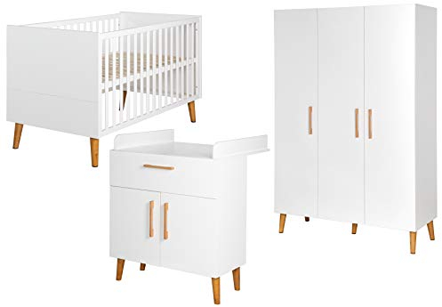 roba Komplett-Kinderzimmer „Mick“, Baby-/Kinderzimmerset inkl. Baby-/Kinderbett mit einer Liegefläche von 70 x 140 cm, Wickelkommode mit Wickelansatz & 3-türigem Schrank; Dekor „Weiß“ und „Goldeiche“