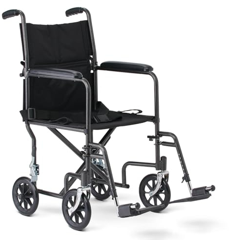 Medline Durable Folding Steel Transport Wheelchair with Swing-Away Footrests, 19-Inch Seat Width, Black Frame, Black Upholstery