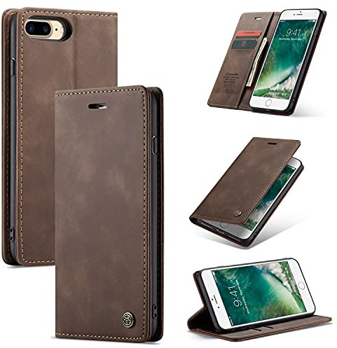 UEEBAI Wallet Case for iPhone 7 Plus iPhone 8 Plus, Premium PU Leather Case Vintage Matte Wallet Flip Cover [Card Slots] [Magnetic Closure] Stand Function Folio Shockproof Full Protection - Coffee