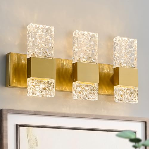 OYLYW Goldene Badezimmer-Eitelkeitsleuchte über Spiegel, LED-Kristall, modern, 3 Leuchten, gebürsteter Edelstahl, Wandmontage, Leuchte für Badezimmer-Beleuchtung, 3000 K, 30 Watt, warmes Licht