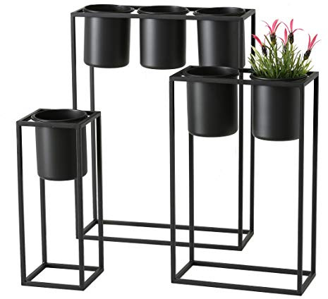 Spetebo Schwarze Metall Blumenständer mit insgesamt 6 Töpfen - 3er Set - Metall Pflanzkasten Blumenkasten Pflanzenständer Kräuterbeet Hochbeet