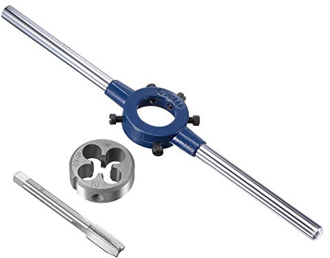 sourcing map 3/8-24 UNF Ensemble Tarauds et Matrices avec 30mm Rond Porte-filière Poignée Clé Haute Vitesse Acier Machine Filetage Robinet et Rond Matrice Filetage Outil